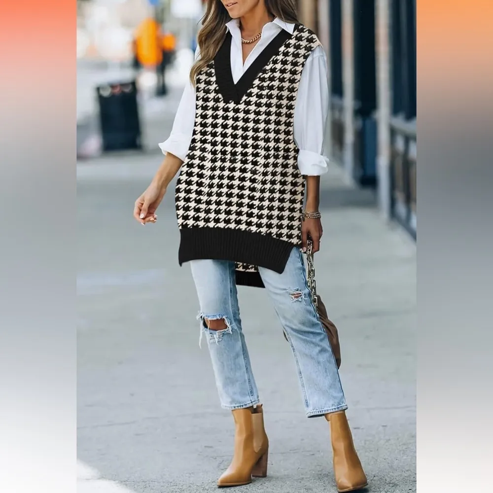 Women’s Oversized Houndstooth Tunic Sweatervest Sz L Beige/Black Like New Black Size L - Image 2