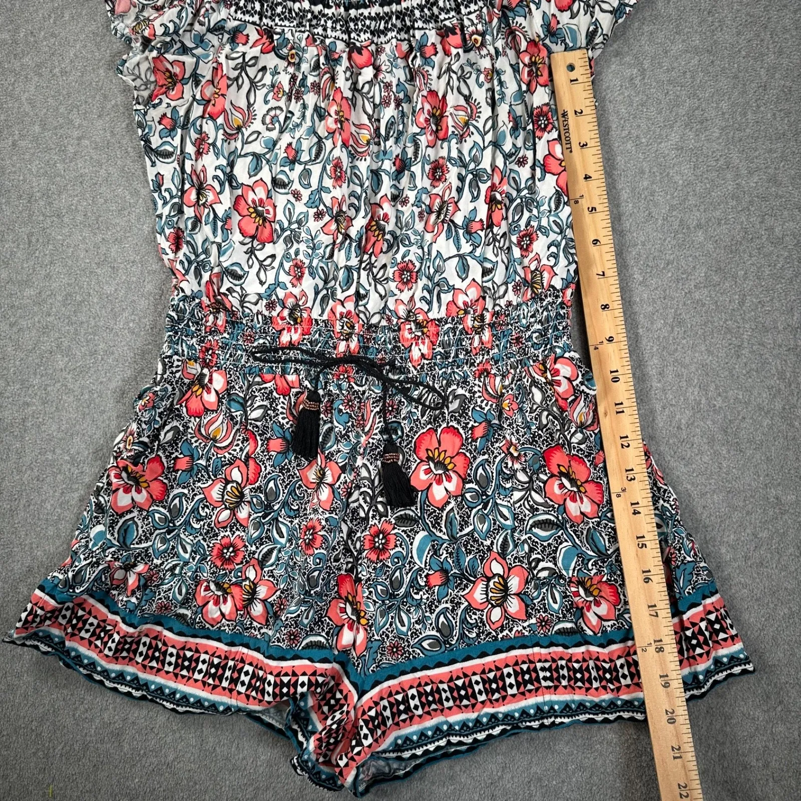 Express Off Shoulder Romper Shorts Women's Small Floral Tie Waist Wide Leg Blue - Image 6