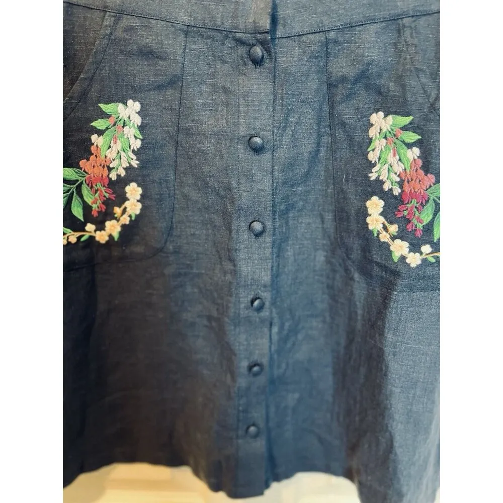 Fanm Mon Brodere Linen Mini Skirt Small Indigo Blue Floral Embroidery Pockets - Image 5