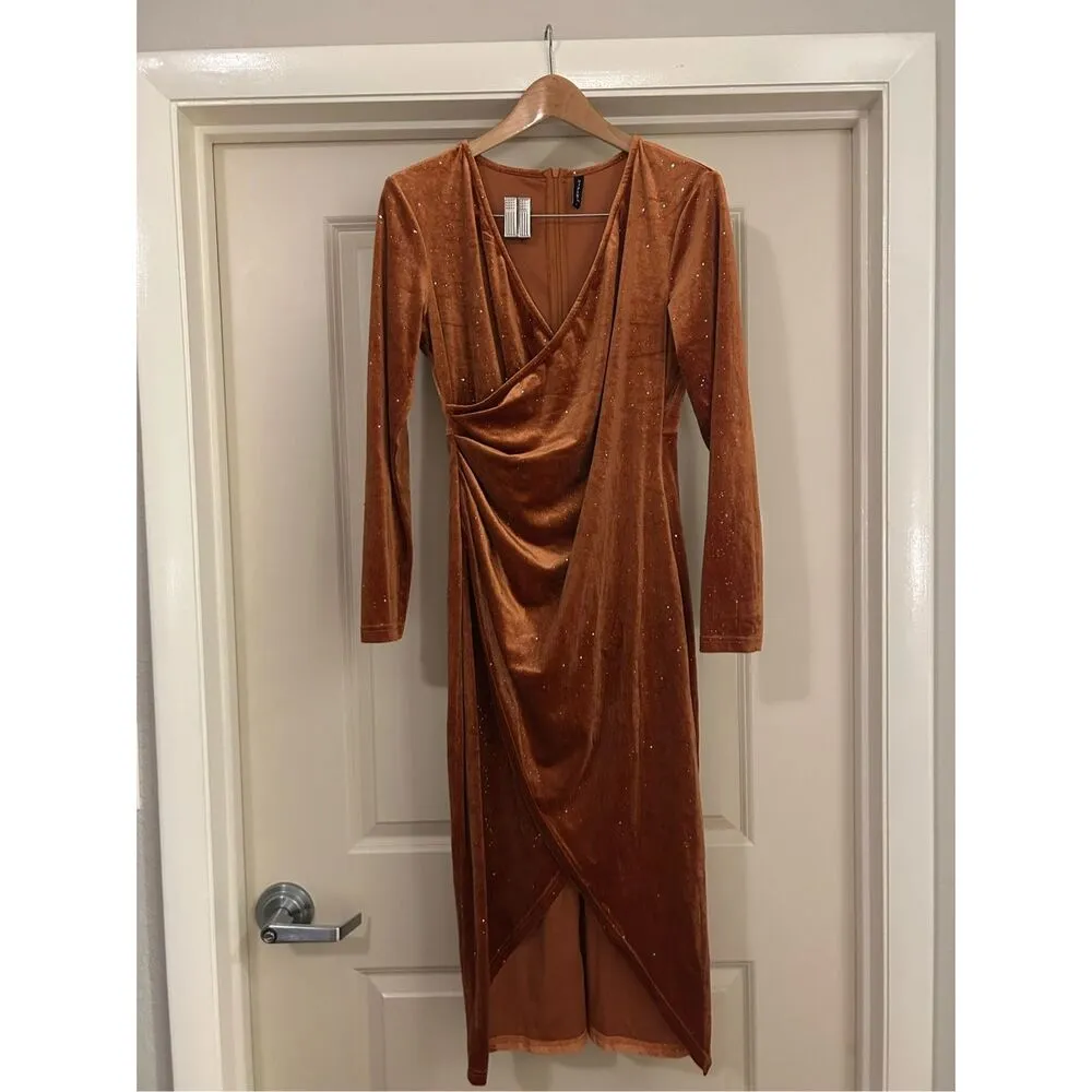 NEW VNeck Long Sleeve Velvet Bodycon Midi Glitter Ruched Formal Dress L Orange Size L - Image 3
