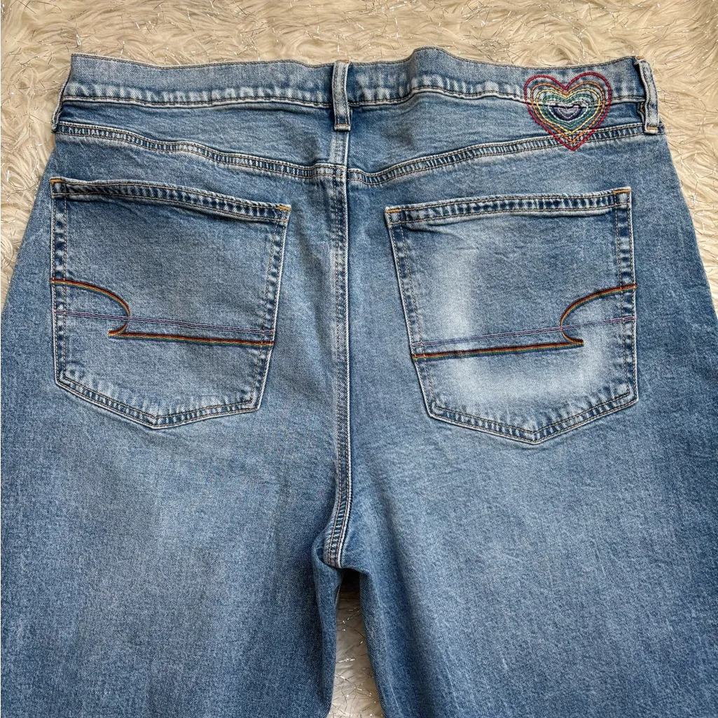 American Eagle Women’s Blue Pride Low Rise Baggy Flare Distressed Jeans Size 14 - Image 6