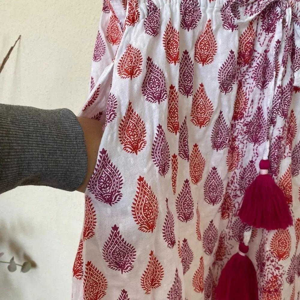 Roller Rabbit Cotton midi Dress in Floral Block‎ Print tassels red white size S - Image 8