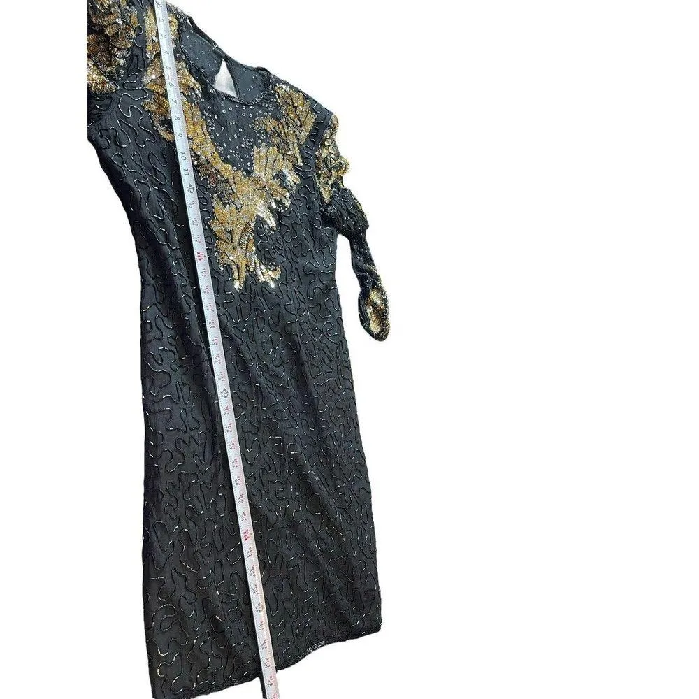 VTG 80s 90s Laurance Kazar Black Gold Heavy Hand Beaded Sequin Glam Dress NWT XL - Image 16