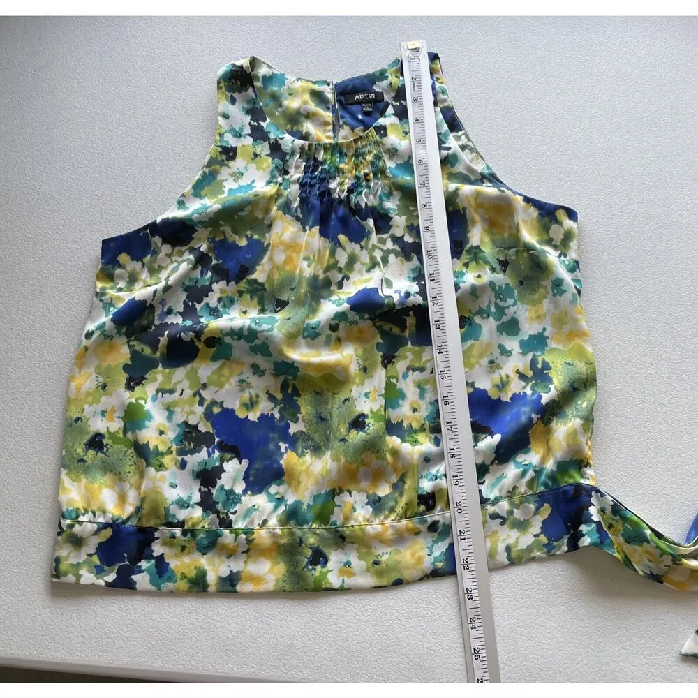 Apt. 9 Top Womens Size PL Blue Green Floral Sleeveless Blouse Pleated Side Tie - Image 10