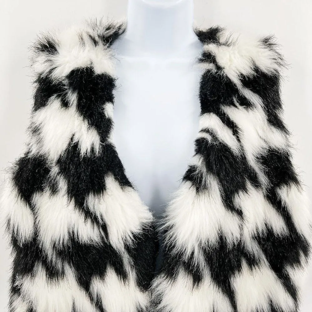 Michael Kors Houndstooth Black White Open Front Faux Fur Vest Large - Image 70
