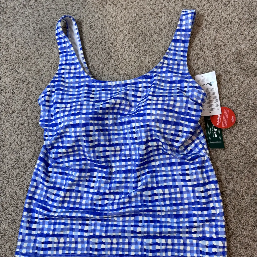 LL Bean SunSmart Tankini Top UPF 50+ Cobalt Gingham Resortwear Swim Tank Size 10 - Image 9