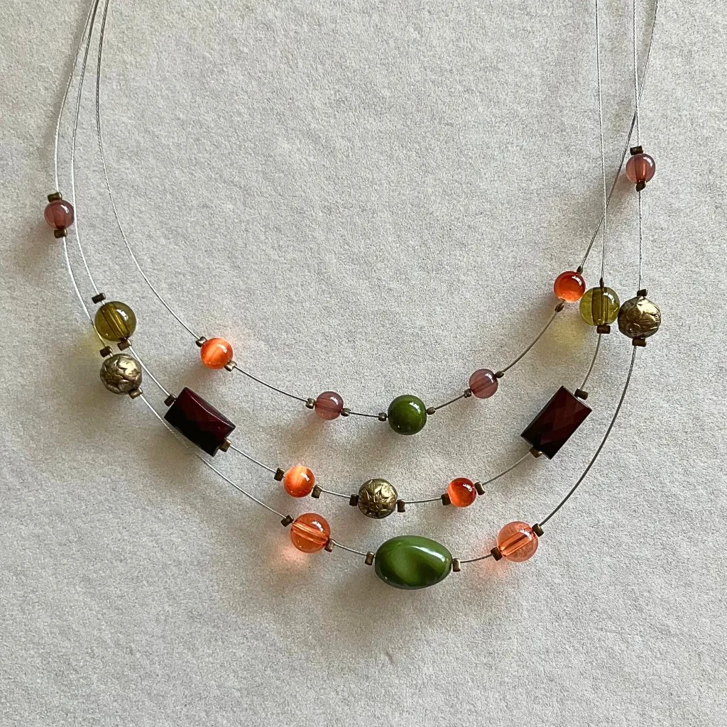 Beaded Layered Illusion Wire Necklace Orange Green Fall Tiered Boho 15-18.5” Adj - Image 5