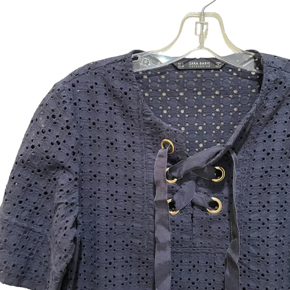 Zara Eyelet Lace Up Short Sleeve Crop Top Navy Blue Size Small - Image 5