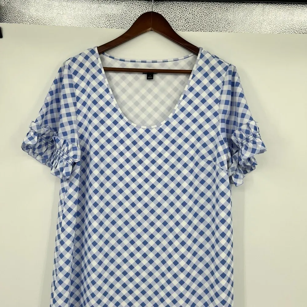 Ann Taylor Blue Ballad Gingham Ruffle Sleeve T-Shirt Shift Dress summer size 14 - Image 9