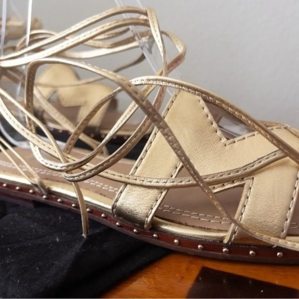 NWT Maje Fio Leather Metallic Ankle Tie Sandals 36 Gold 5.5 Cutout Lace Up Studs - Image 10