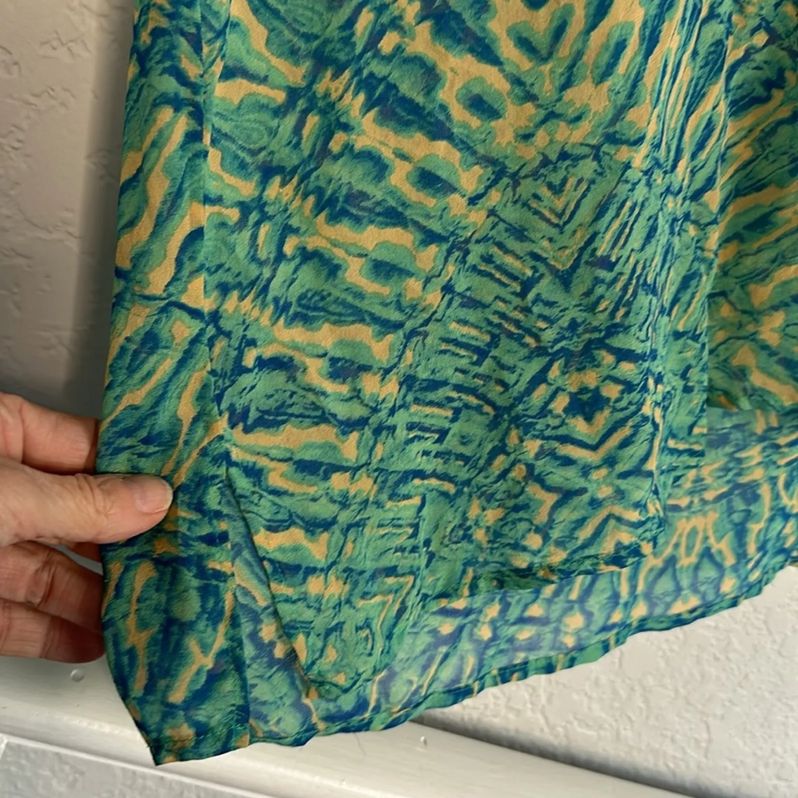 Rory Beca Artsy Watercolor Coverup Dress Semi Sheer Mini Green Resortwear - Image 5