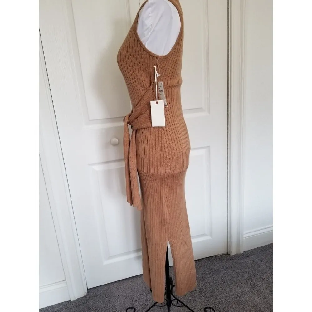 GOOD AMERICAN Sleeveless Rib Knit Tie Waist Midi Dress Taupe Tan Size 2 M - Image 6