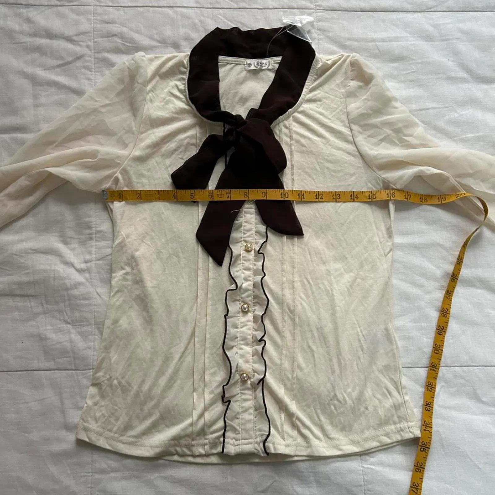 NWOT Axes Femme Cream and brown bow neck long sheer sleeve blouse with ruffles Size M - Image 6