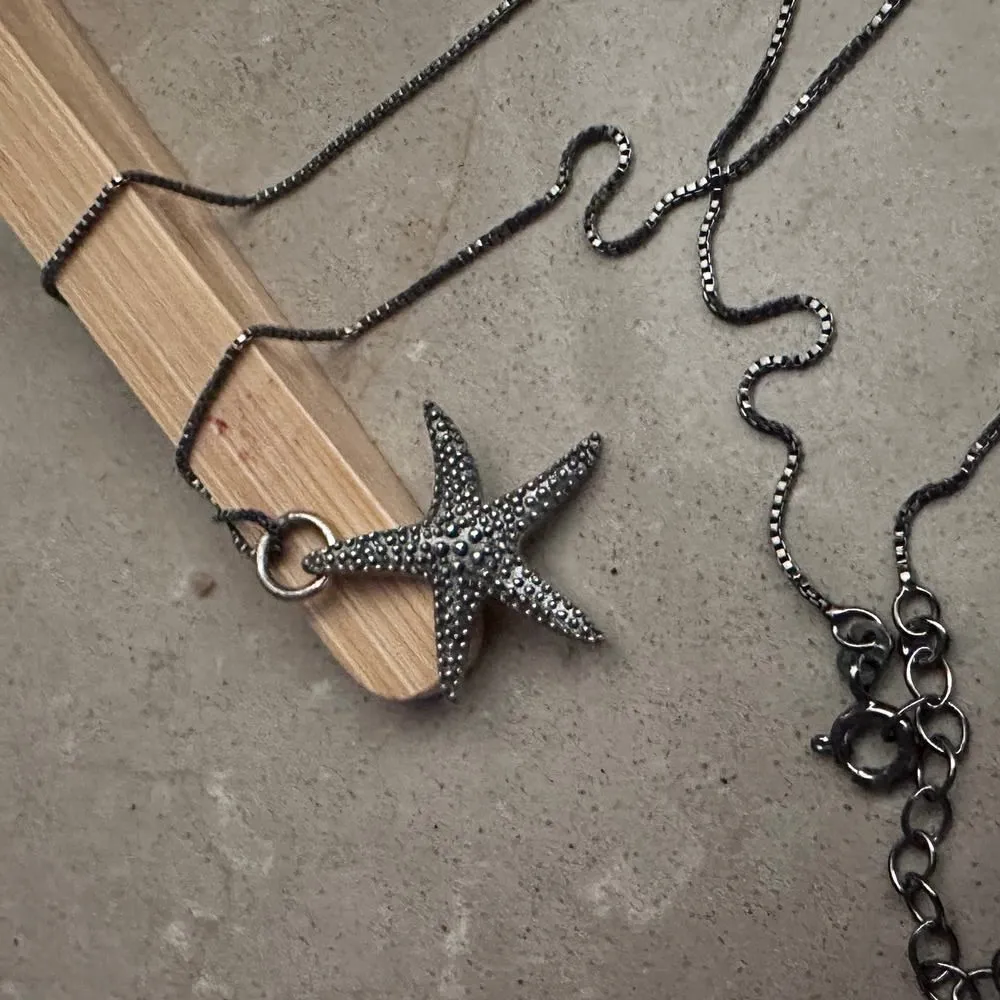 Sterling Silver Starfish Necklace, Black Rhodium Box Chain Silver - Image 5