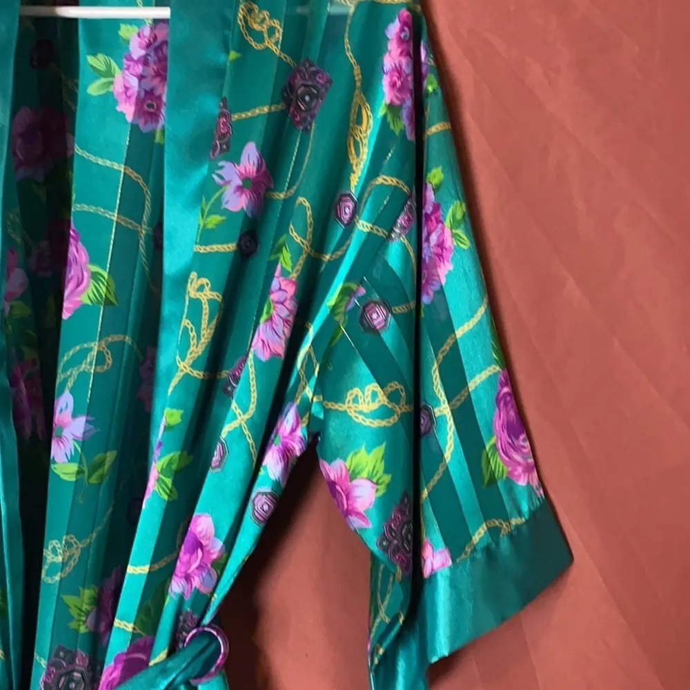 VINTAGE TEAL FLORAL SILKY ROBE Blue Size M - Image 6