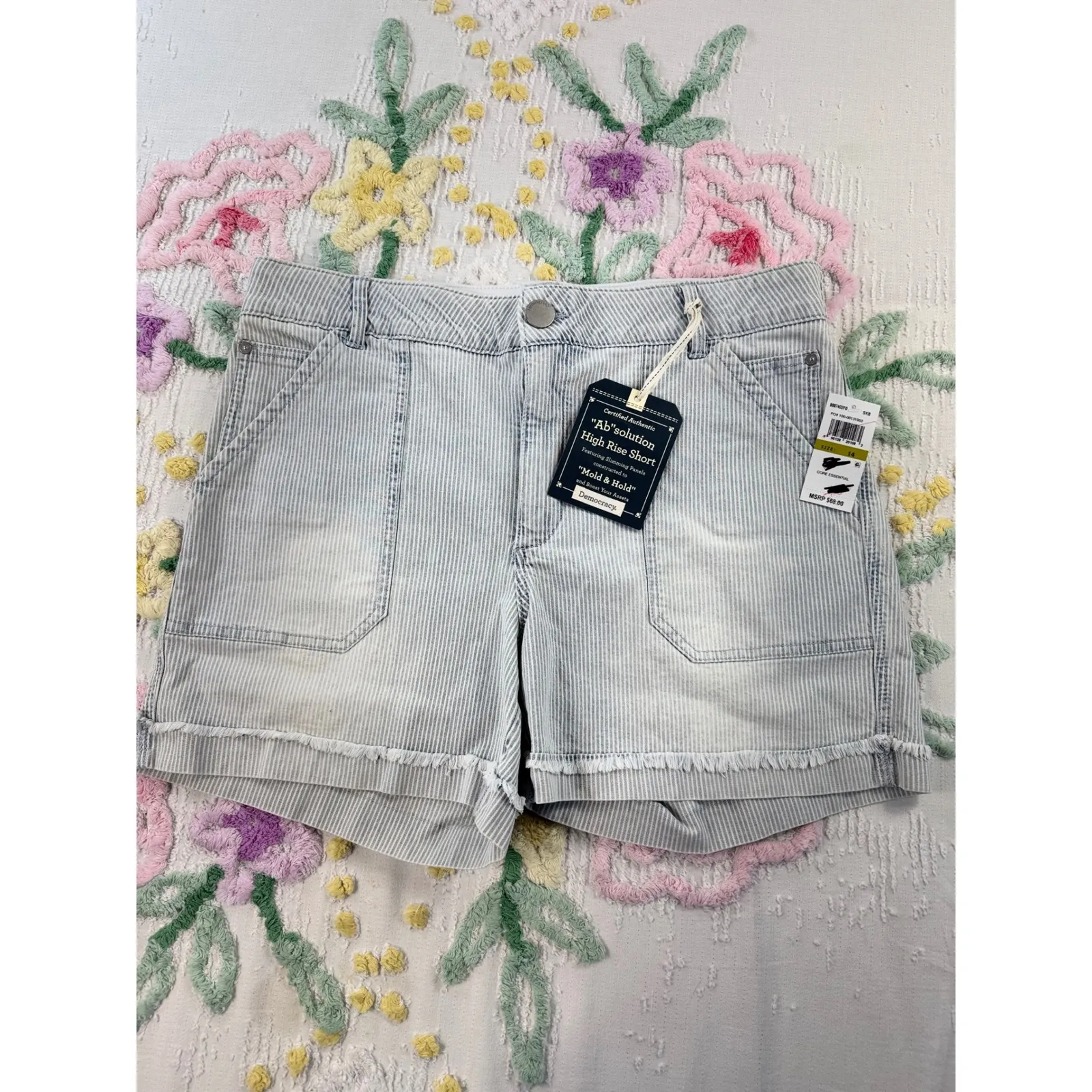 Democracy Womens Size 14 AbSolution High Rise Shorts Blue Stripe Frayed Hem - Image 2