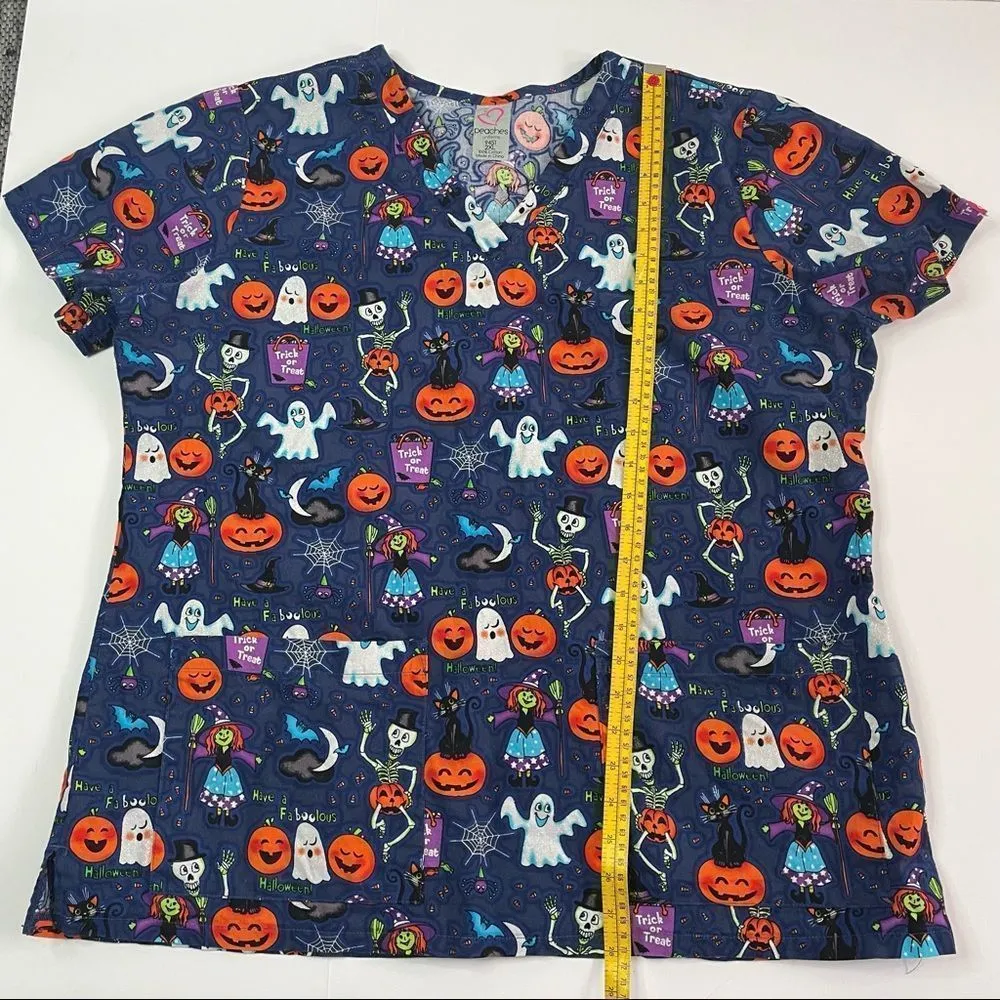 Peaches Uniforms Halloween Scrub Top Blue Size 2X - Image 9