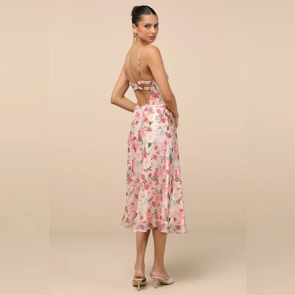 Lulus Alaia Blush Multi Floral Satin Backless Midi Dress Pink Size Medium NWT - Image 4