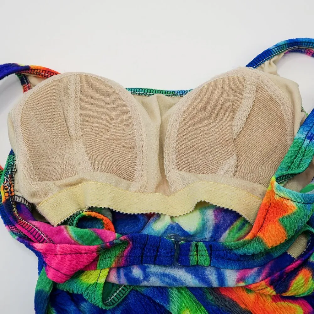 Vintage 80s Kathy Ireland Crinkle Neon Tie Dye One Piece Swimsuit - Image 10