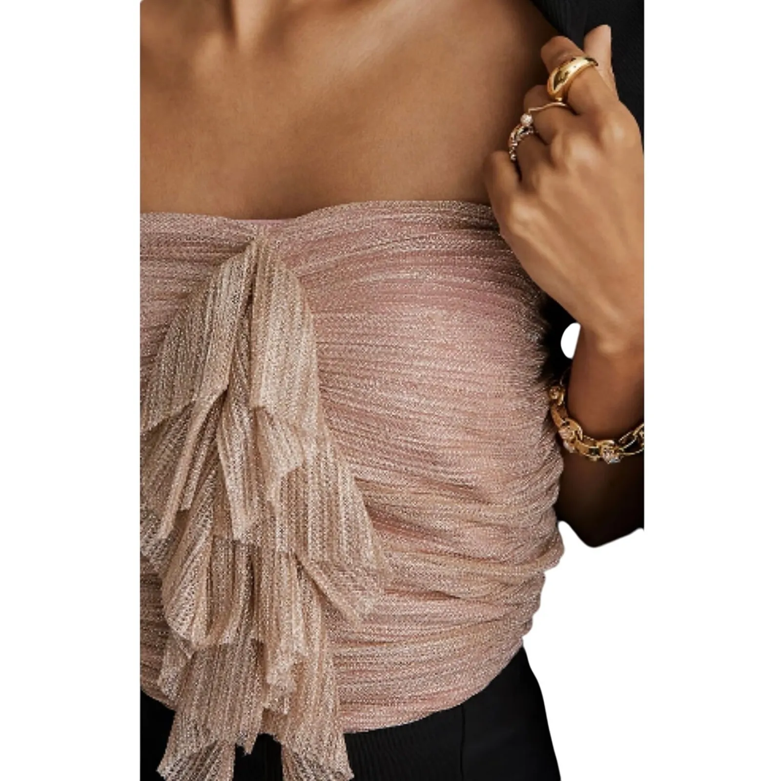 ANTHROPOLOGIE MAEVE Women’s Pink Metallic Ruffle Front Tube Top XL - Image 3