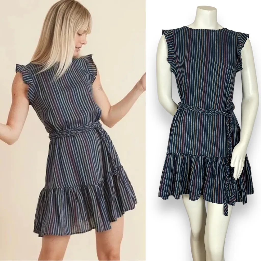 Marine Layer Dress Laney Linen Mini Navy Rainbow Stripe Size Small Braided Belt - Image 2