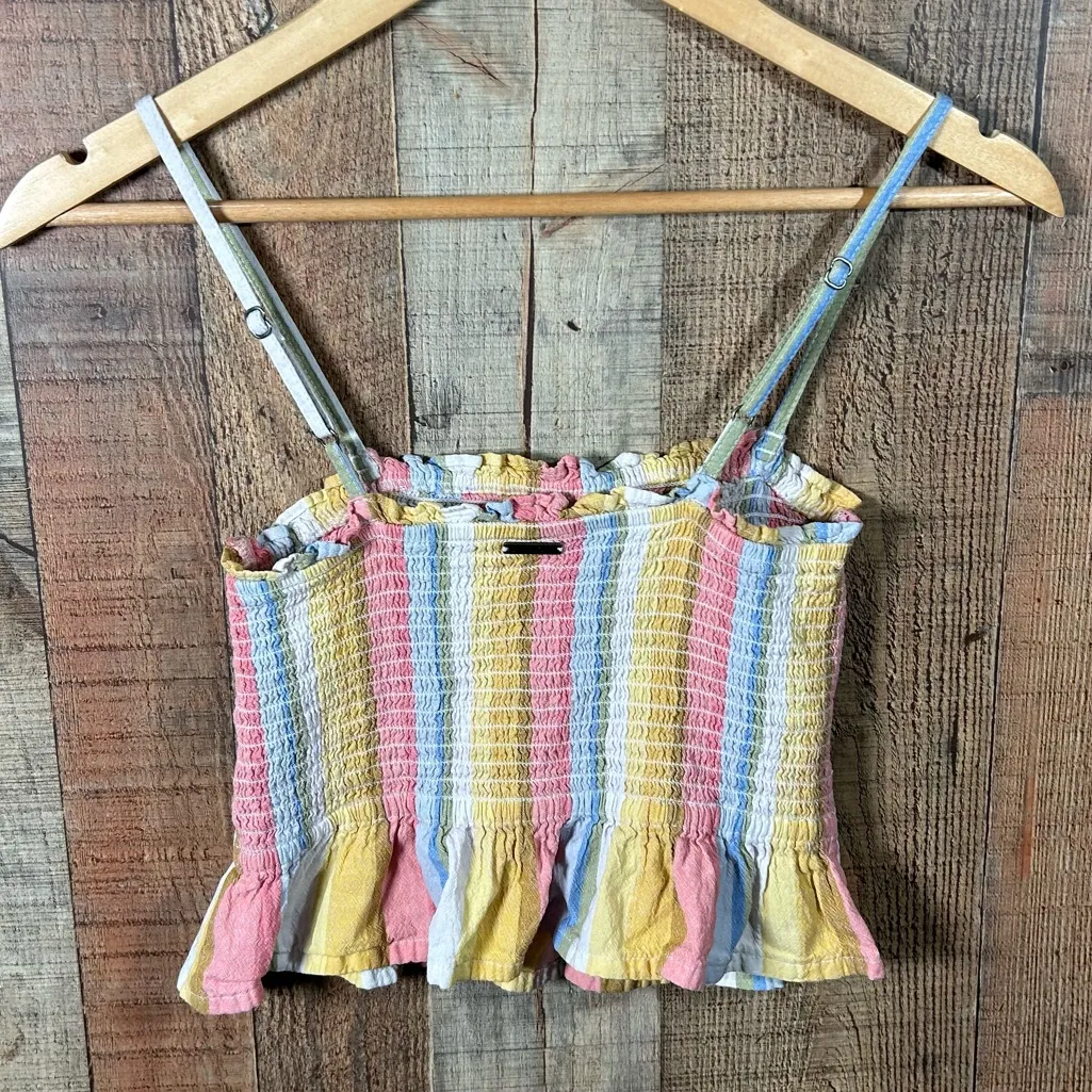 Billabong Medium Smocked Crop Top Striped Adjustable Strap Peplum Summer - Image 4