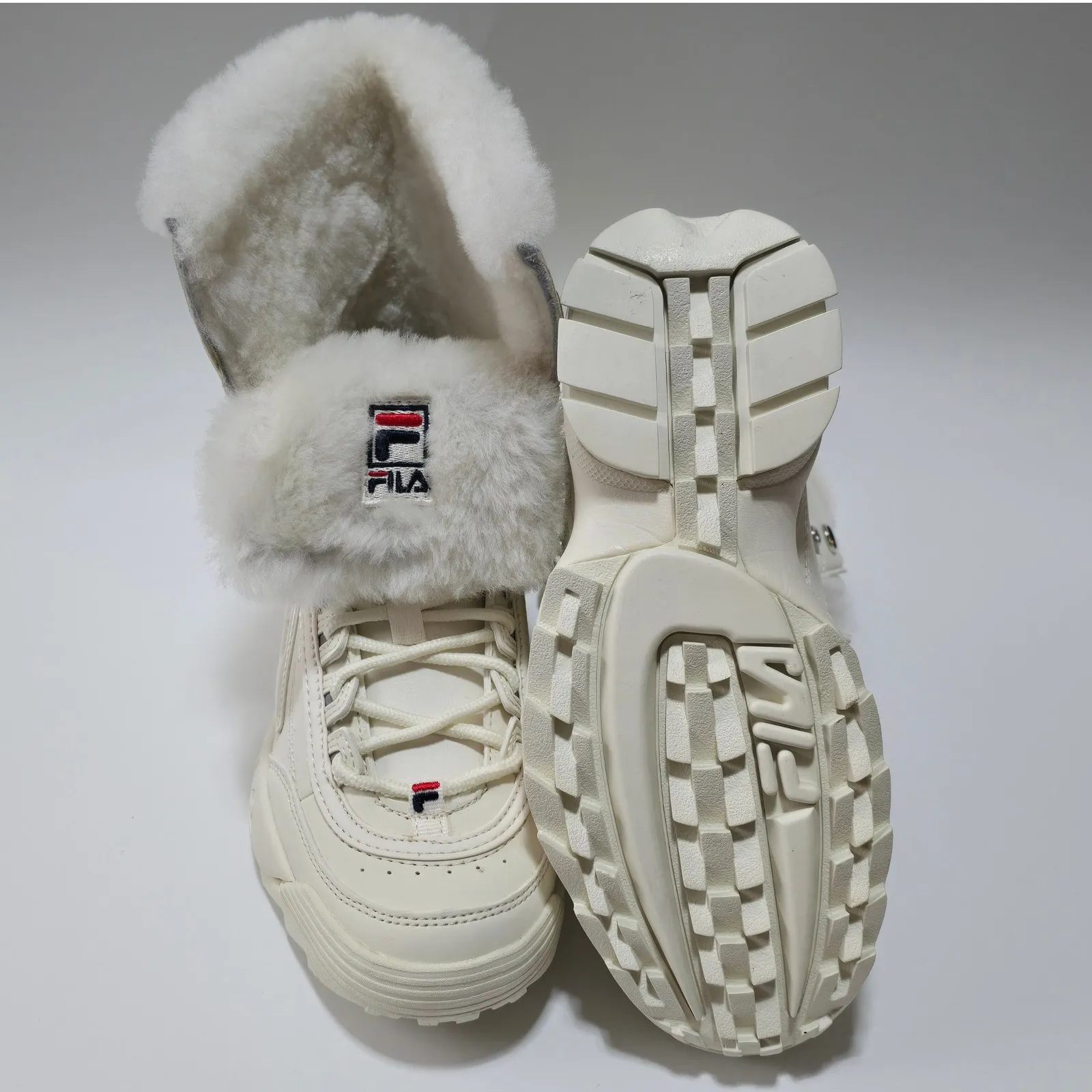 FILA  Disruptor Shearling Cuff Boots Cream Chunky Platform Lace Up Size 7 - Image 7