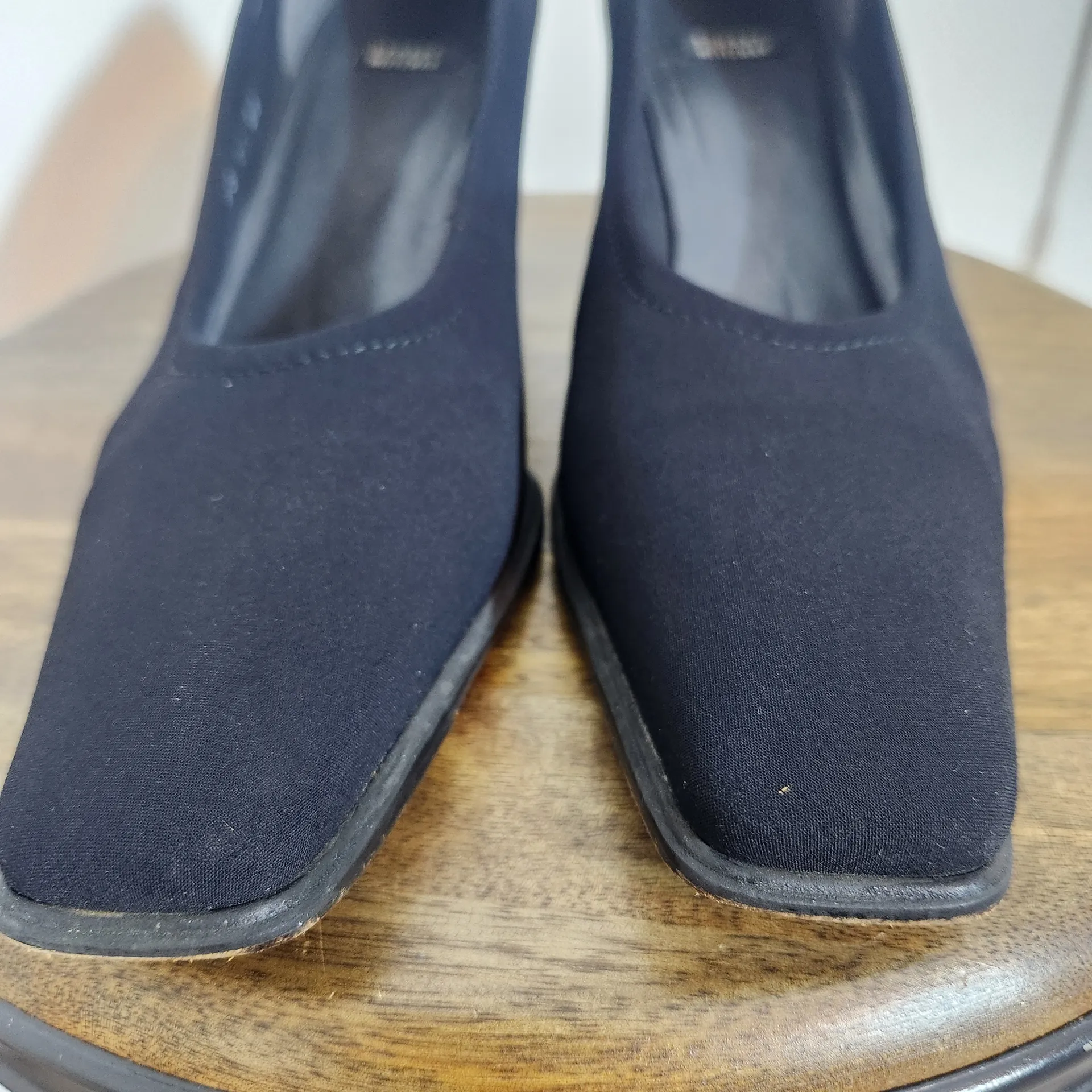 Stuart Weitzman Vintage Black Heels Size 11 Black Square Toe Fabric Heels - Image 2