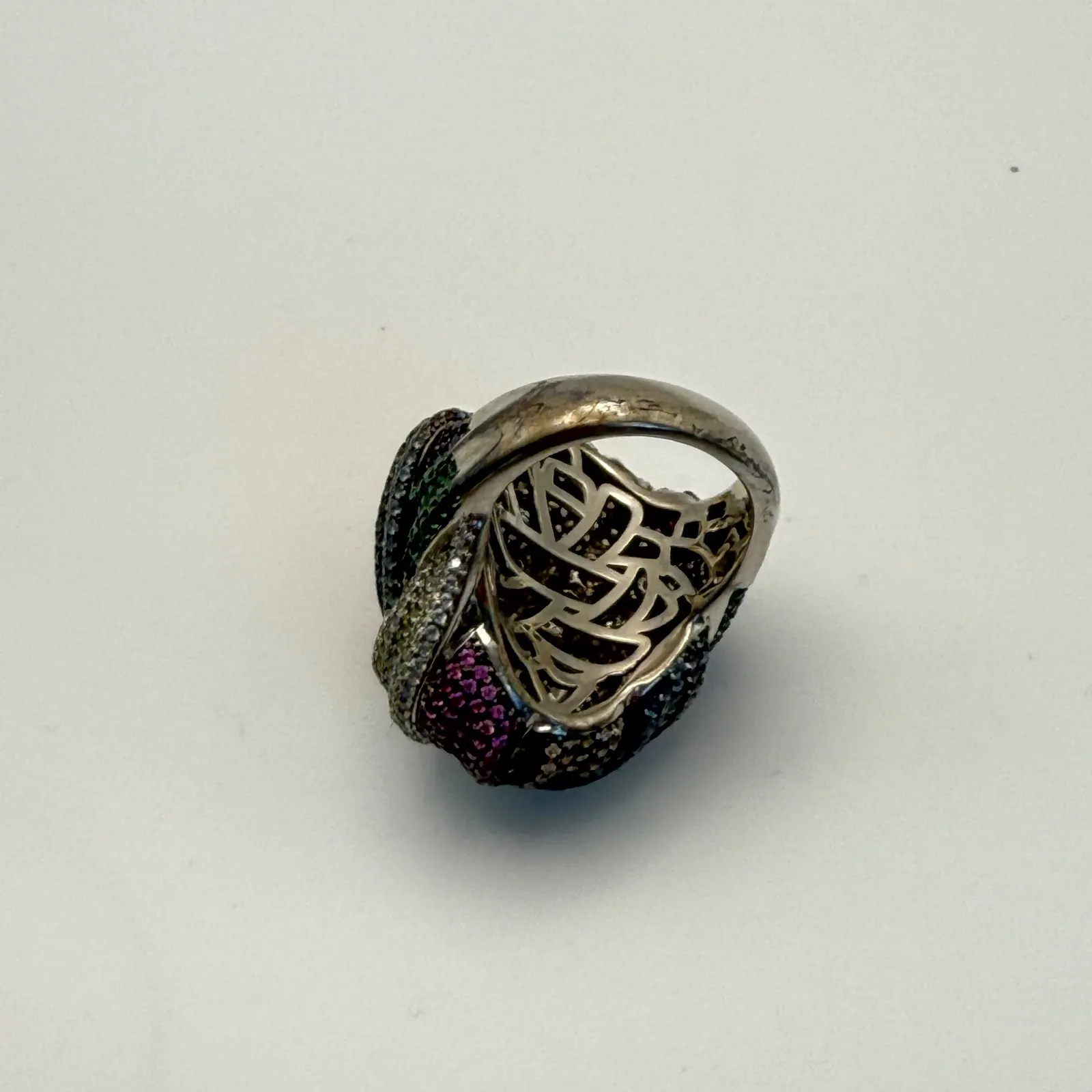 Love Knot Cocktail Ring Multicolor Rhinestone Statement Ring sz 9 Silver - Image 5