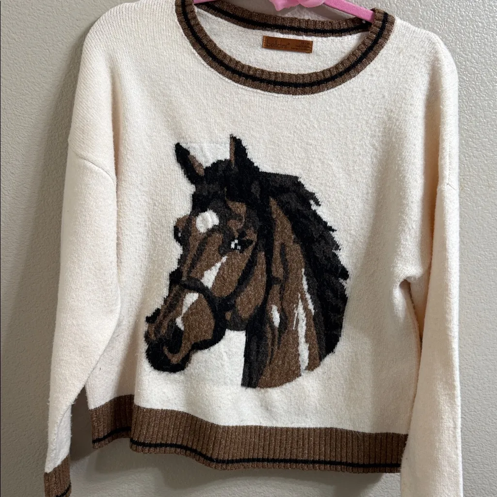 Belldini Cream and Brown Horse Design Sweater Size M - Image 2
