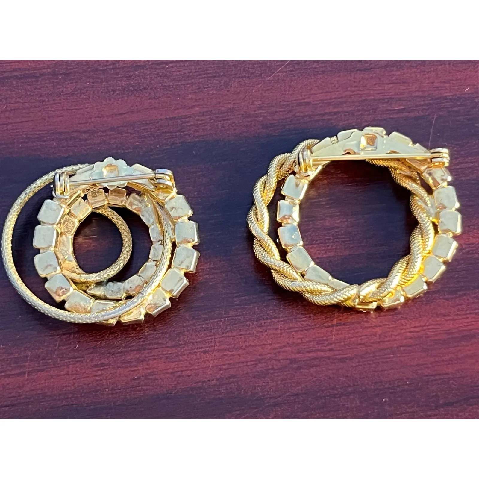 VTG Rhinestone Brooch Lot of 2 Gold Tone Concentric Circles Coquette Glam Bling - Image 2