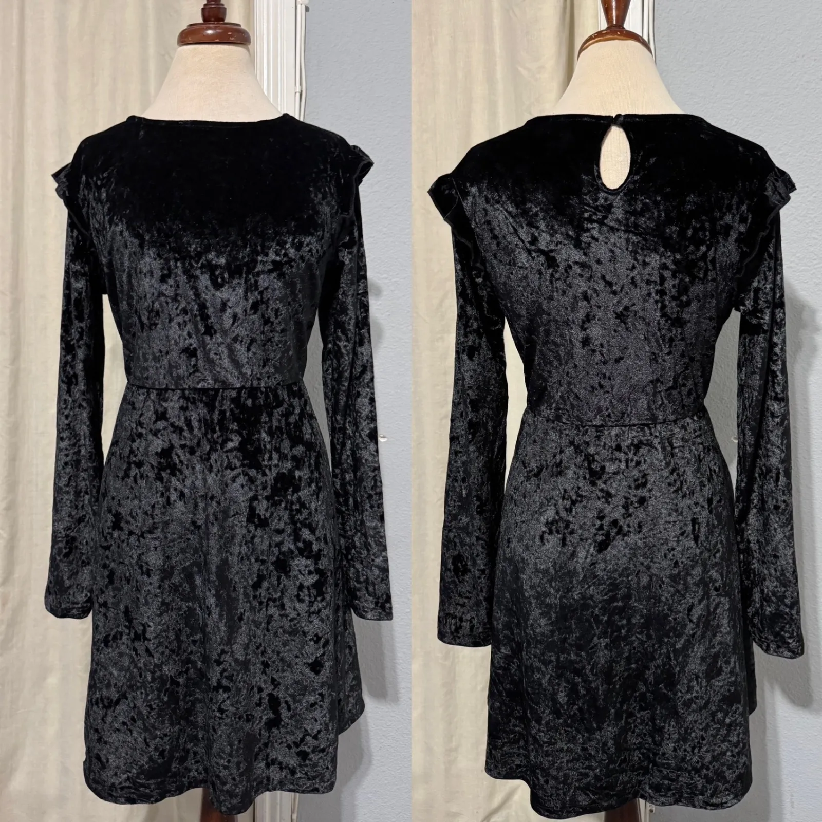 Mossimo Supply Black Velvet Crushed Long Sleeve Ruffle Trim Whimsigoth Dress L Size L - Image 3