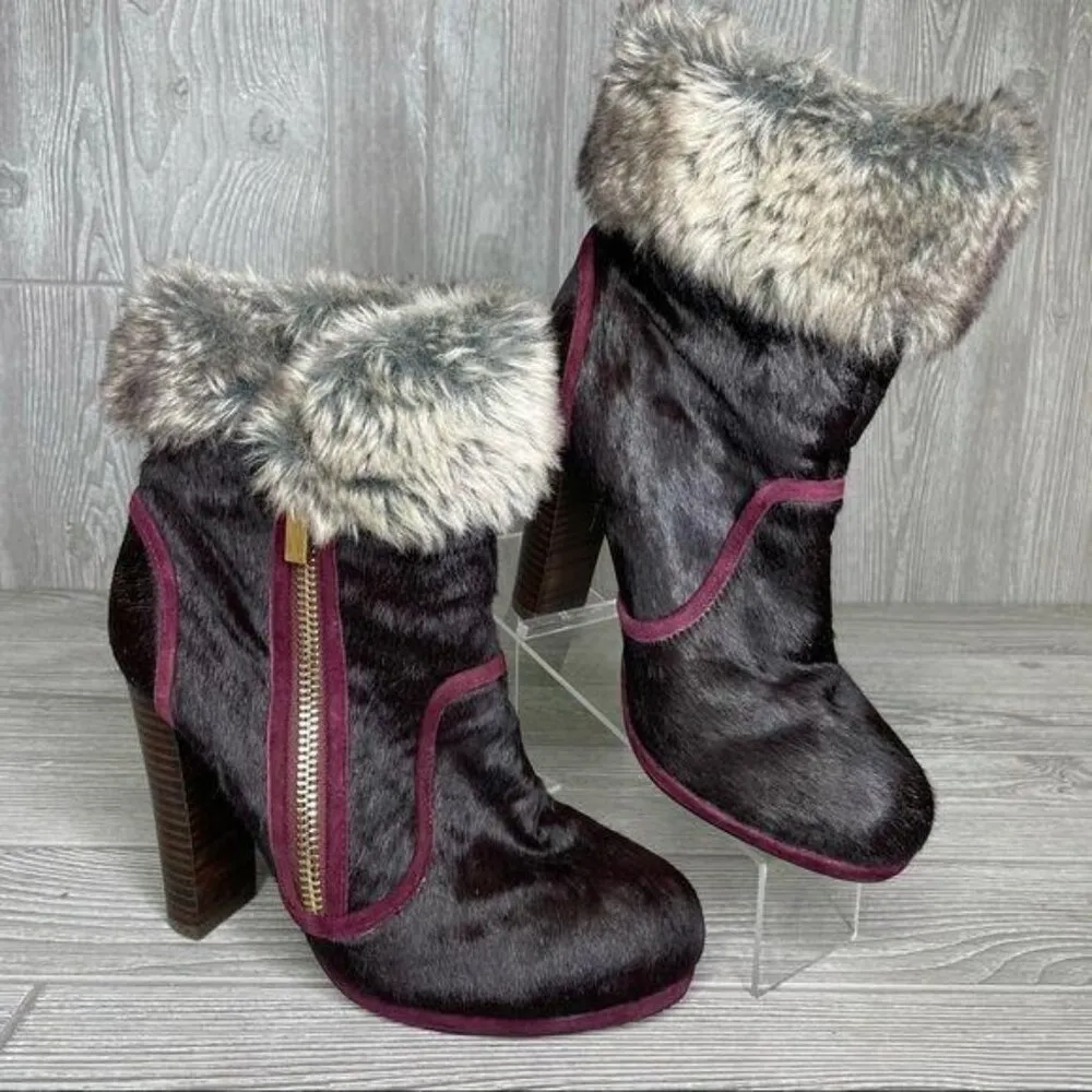 June Ambrose dakota oxblood calf hair Leather heeled boot booties 8.5 Red - Image 3