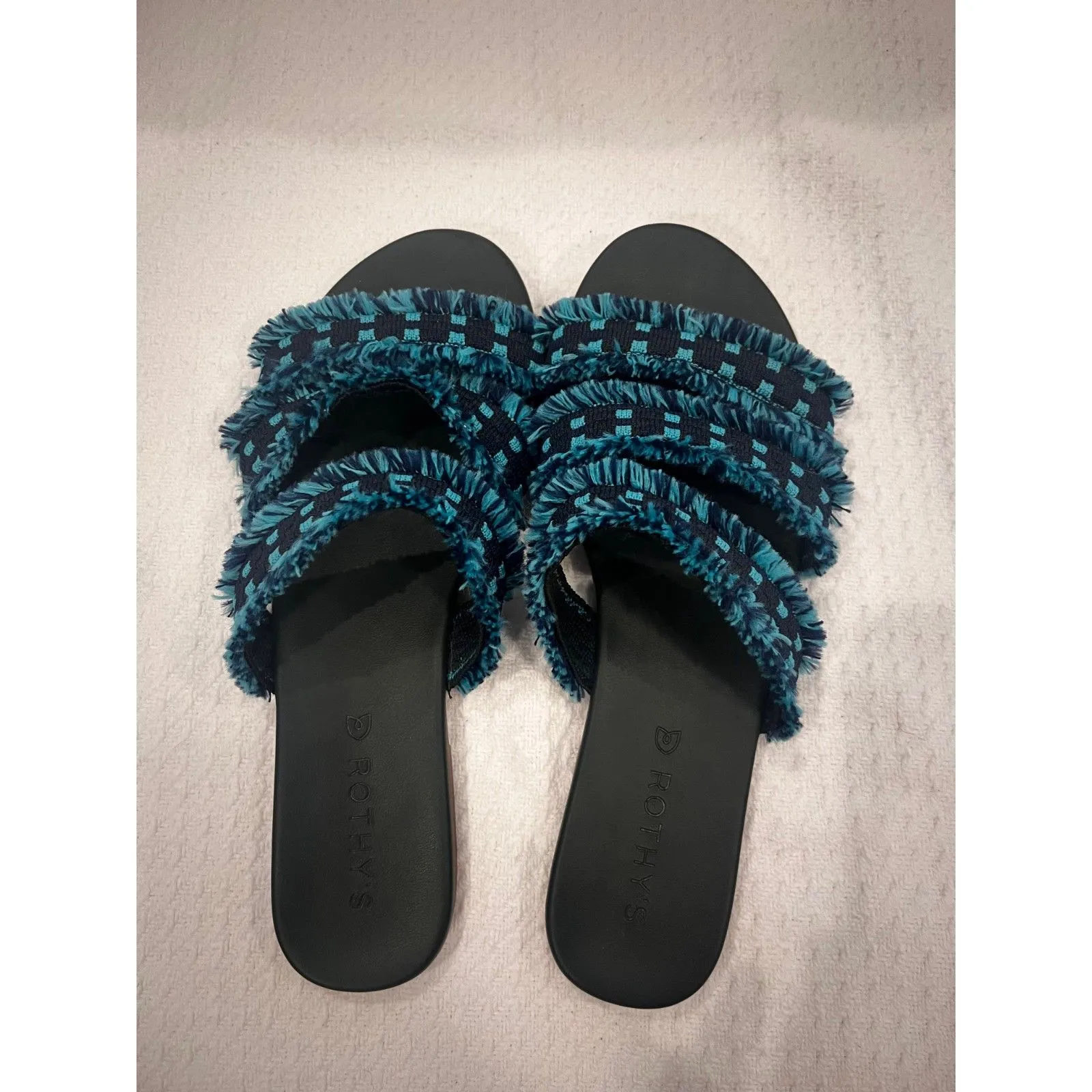 Rothy’s Women’s 7.5 Teal Blue Boho Tassel Slip-On Sandals Summer Slides - Image 2