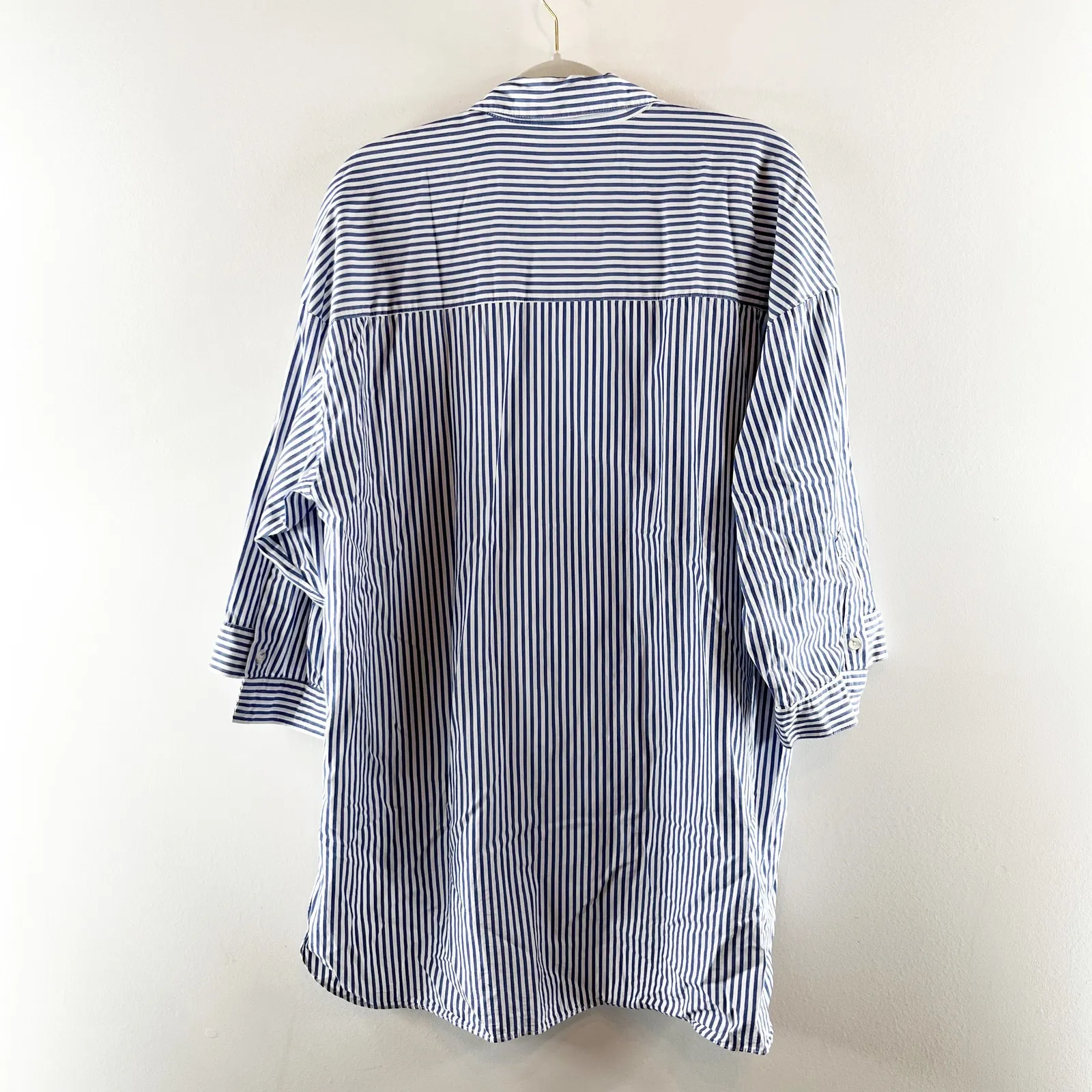 Zara Striped 3/4 Sleeve Oversized Poplin Tunic Button-Up Shirt Blue White XS - Image 7