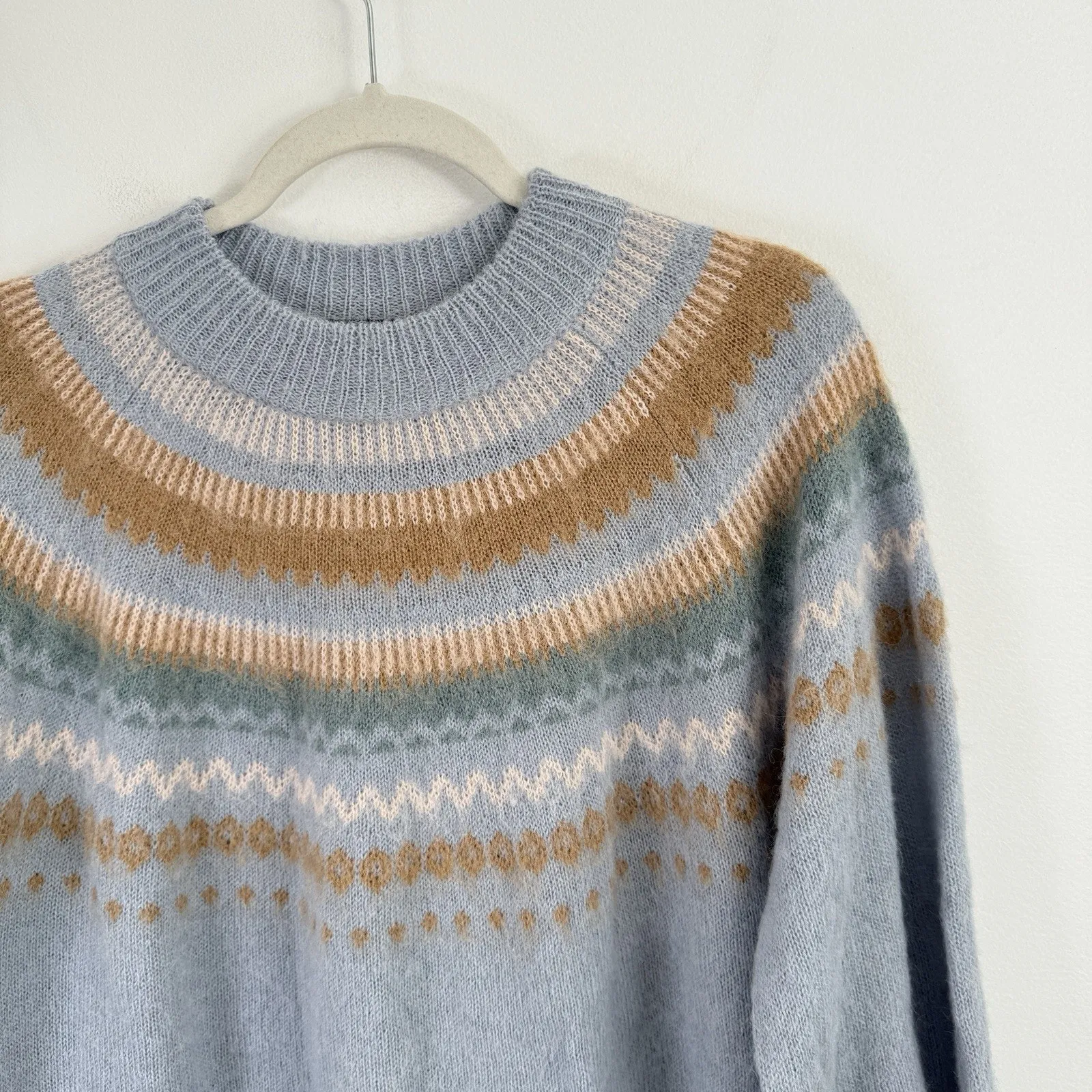 J Crew Fair Isle Yoke Puff Sleeve Sweater Blue Alpaca Wool Womens Medium - Image 4