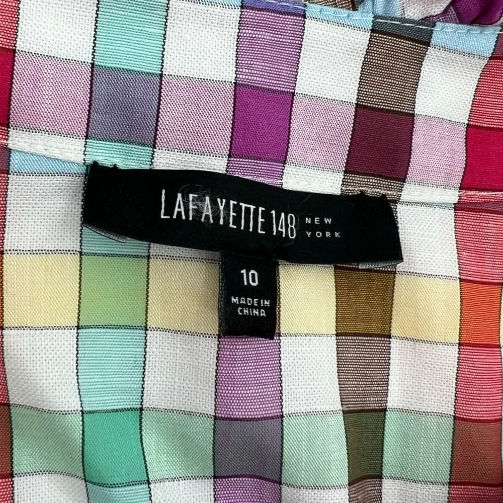 Lafayette 148 rainbow check ruffle neck blouse sz 10 - Image 3