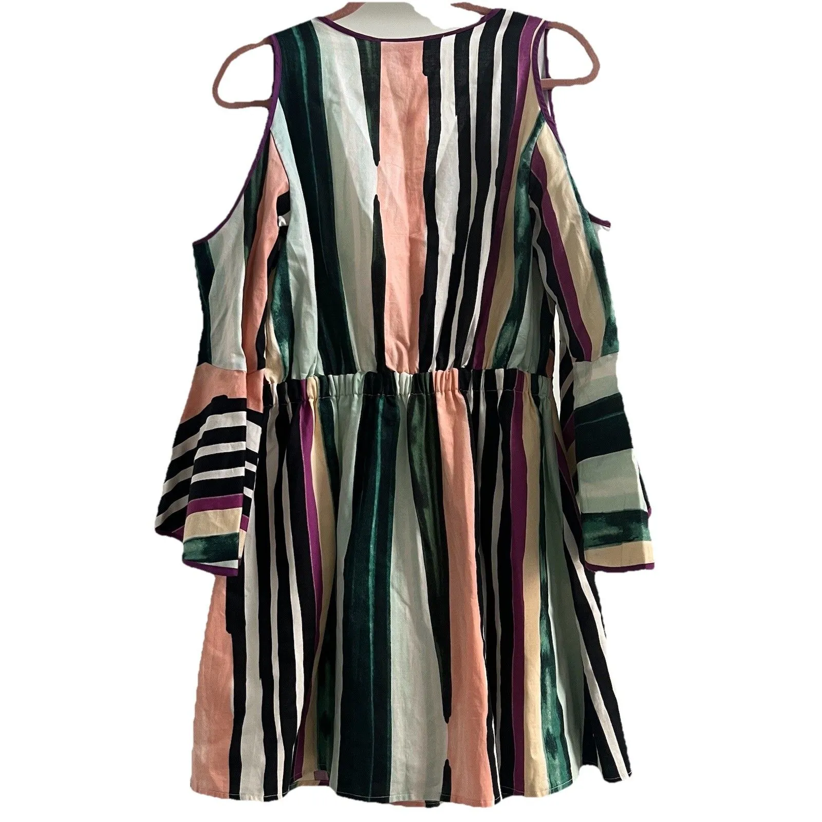 Cotton Linen Striped Dress Bold Funky 70s Flare Sleeve Tie Front Fit and Flare - Image 6