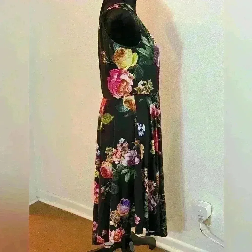 Marc Bouwer Unlimited Black & Floral Print Sleeveless Crossbody Midi Dress Size M - Image 6