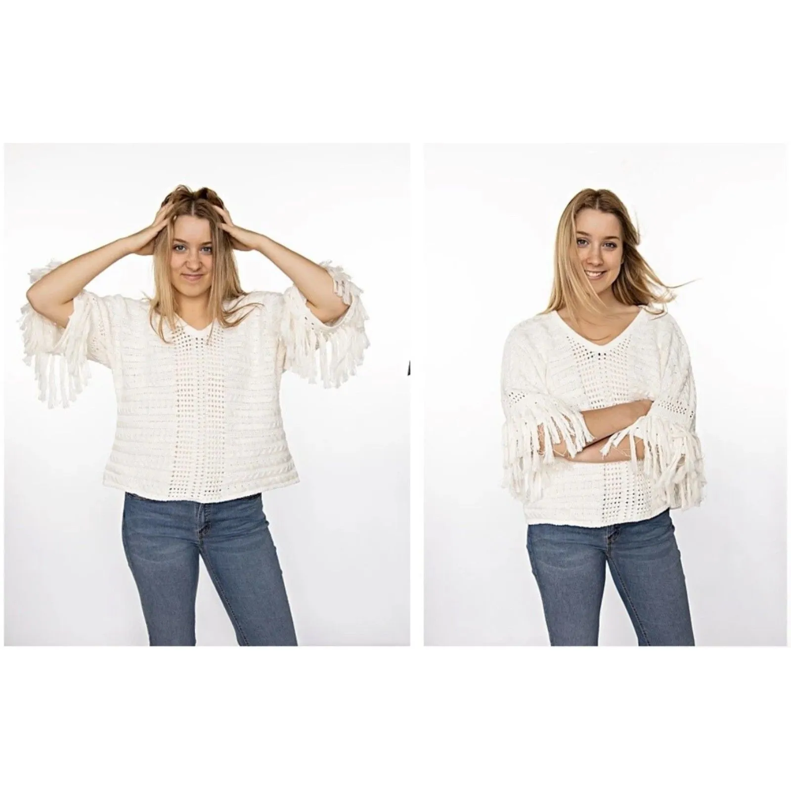 Cabi White Open Knit Fiesta Sweater Sz S Western Cowgirl Boho Fringe Cable Rodeo - Image 5