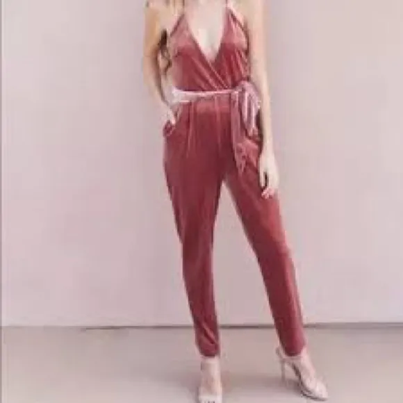 Express Deep V Full Velvet Jumpsuit in Rose Pink with Belt Size 6 - Image 10