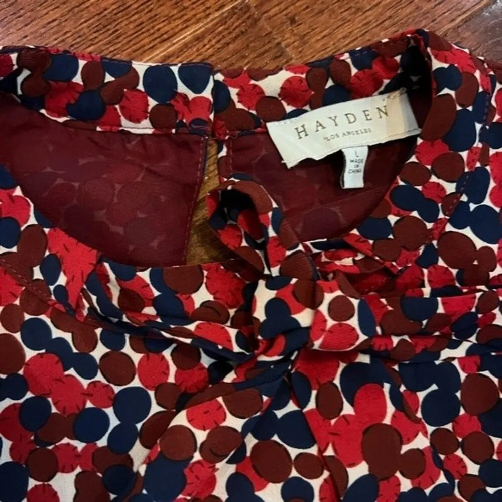long sleeve tie neck navy red and white dot print shift dress size large - Image 5
