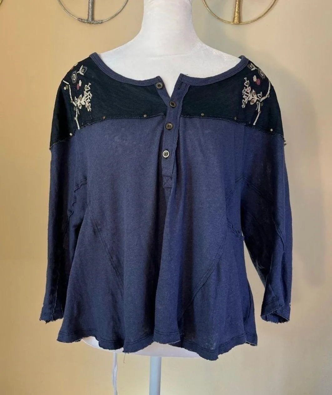 Free People We The  Rio Embroidered Blue Black Henley Top S - Image 2