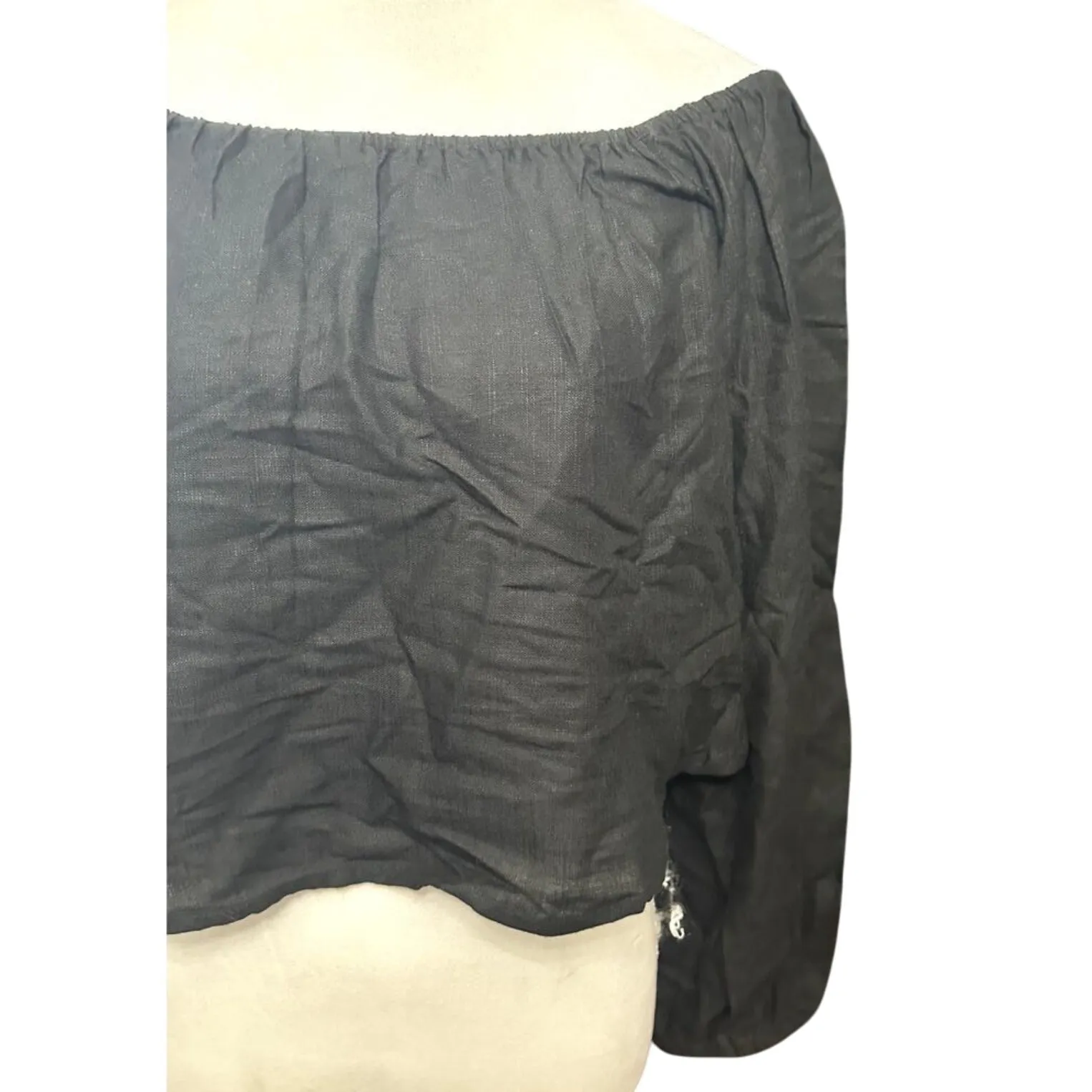 ASOS Crop Top Linen Blend Off-Shoulder Long Sleeve Lightweight Black Size 4 NWOT - Image 3