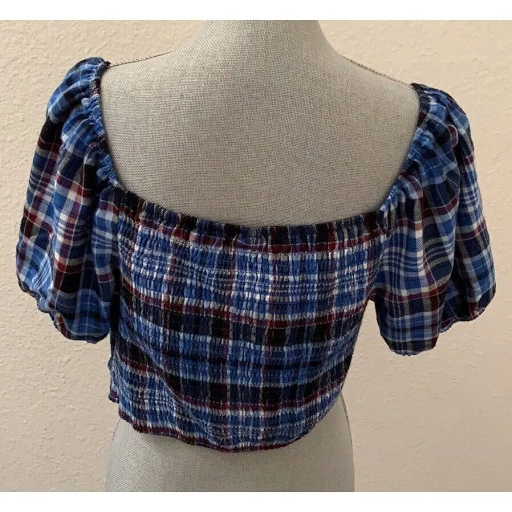Wild Fable Blue Plaid V-Neck Short Sleeve Crop Top Junior’s LARGE Excellent Y2K - Image 5