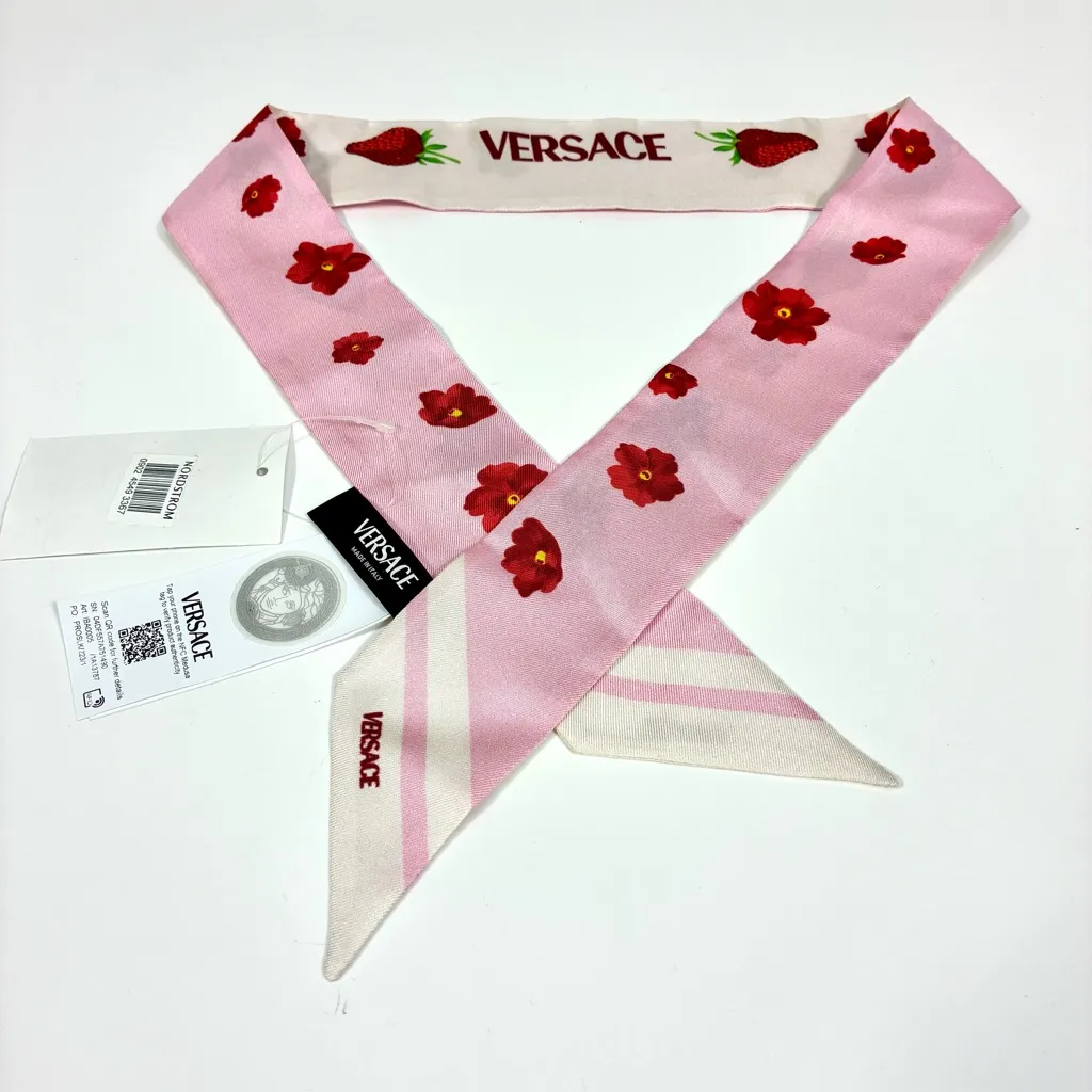 Versace Strawberry Garden Silk Skinny Twill Scarf Tie Logo Pink Red NWT - Image 2