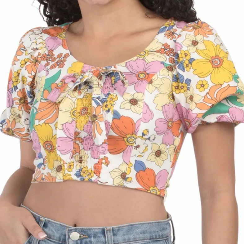 Us Together Floral Printed Cropped Top With Bow Detail Pink Size M - Image 3