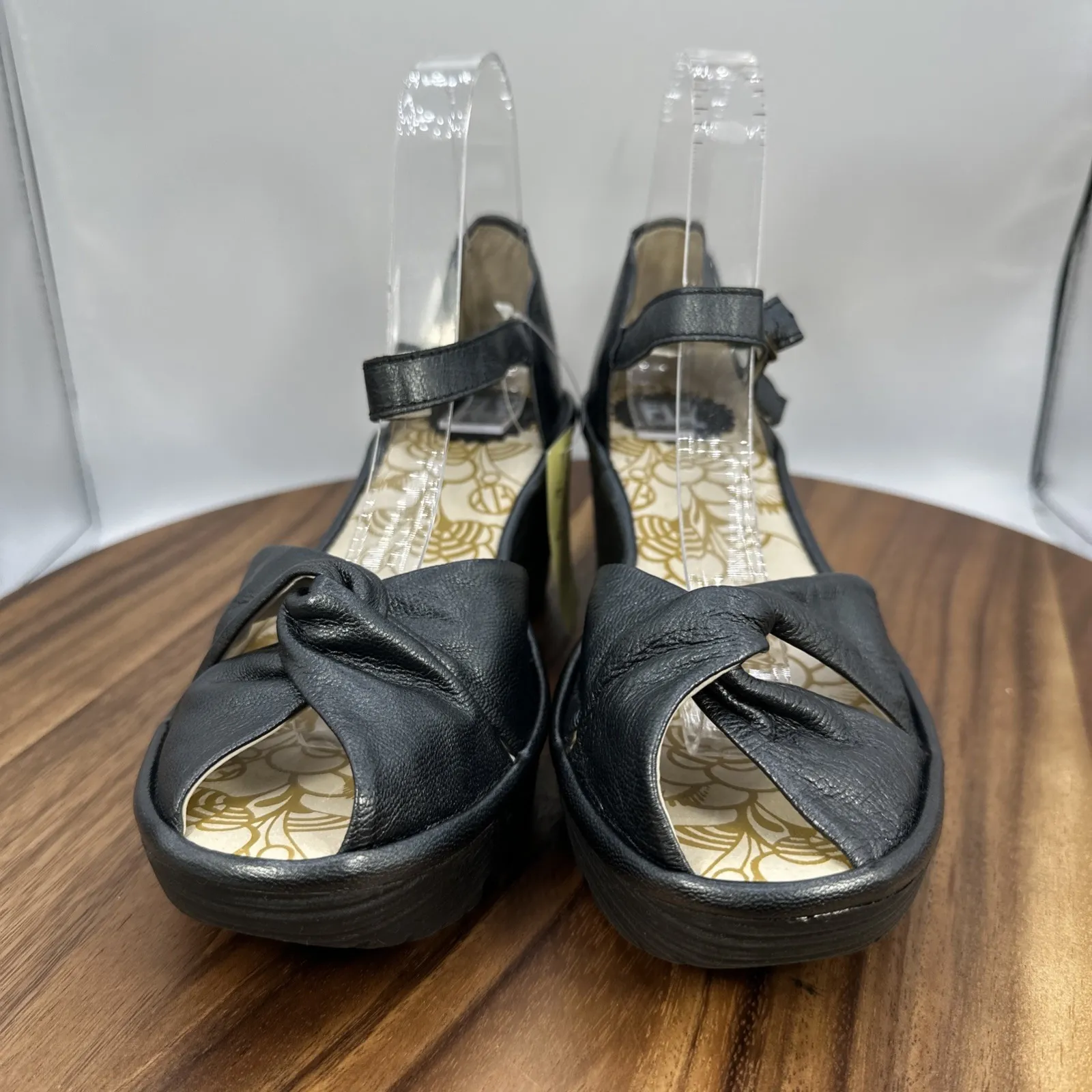 NWT Fly London Yuka Wedge Peep Toe Sandals Shoes Black Leather Size 39 US 8-8.5 - Image 4