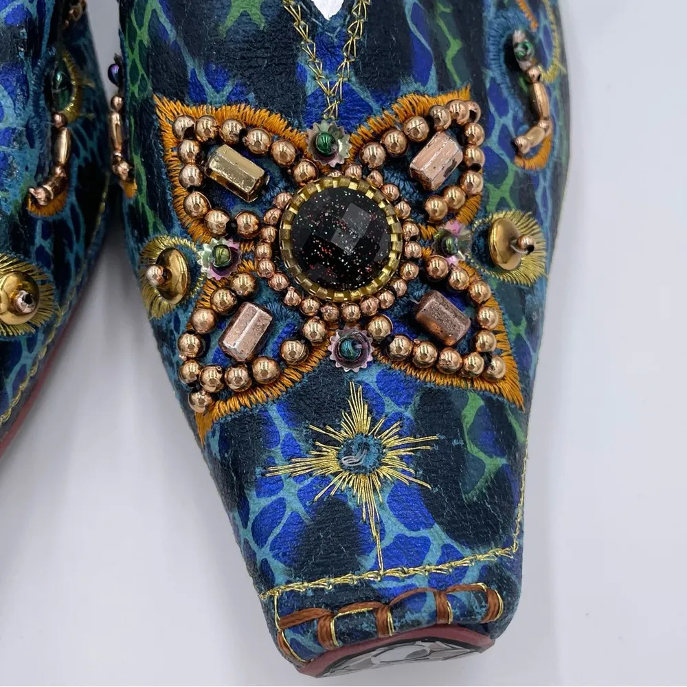 JohnFashion Women's Embellished Beaded Wedge Heel Mules Size 7 Bohemian Colorful Blue - Image 4