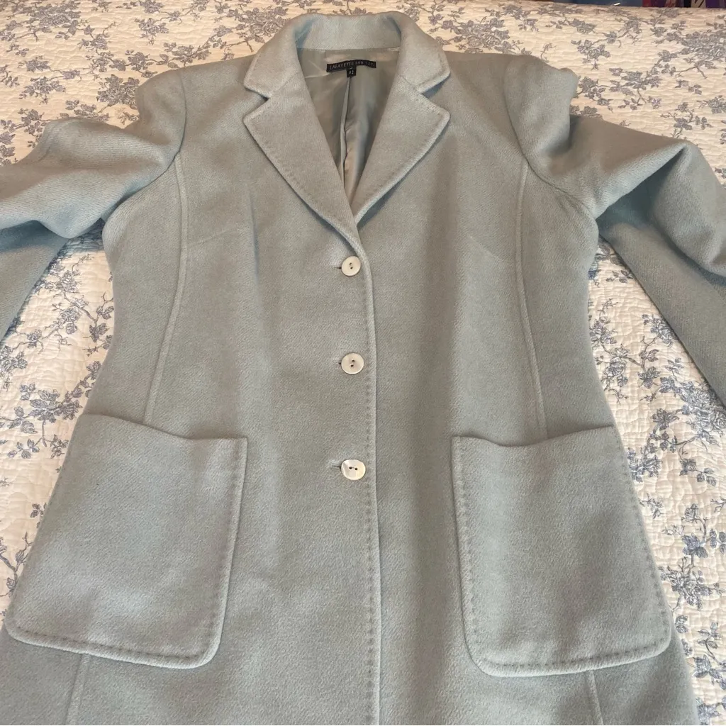 Lafayette 148 New York Blue Single Breasted Pea Coat Angora, Silk, and Wool Size 14 - Image 4